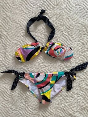 Roxy Multicolor Geometric Bikini withe Black Polka Dot Ties